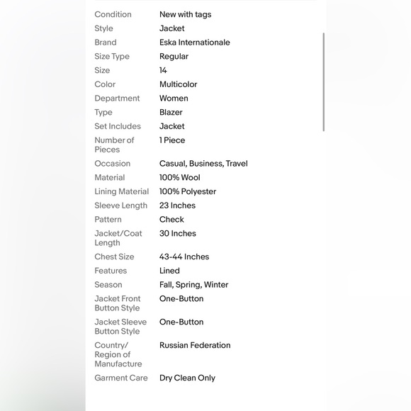 eska internationale women’s gray 100% wool check Lined blazer jacket size 14 - Picture 11 of 13